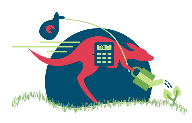 Samenvatting van de Smart Kanga Calculator van Kangaroo met een snelle kangaroo, een gieter voor het mileu en een zak met geld om te besparen